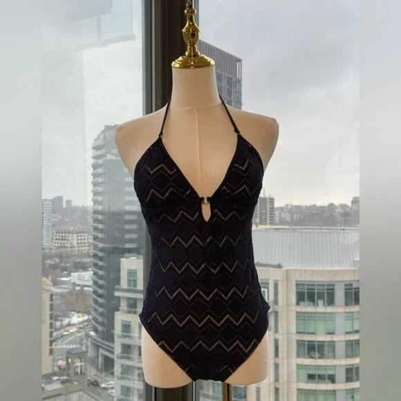🆕 ZIMMERMANN 🧿NWOT Pointelle-Knit Halterneck Swimsuit, Plum-Navy, Sz 3 US 8/10 - Picture 2 of 14